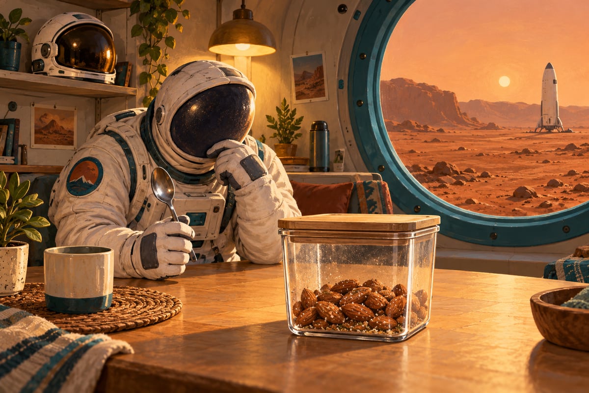 An astronaut in a Mars habitat rests their chin on one hand and holds a spoon over a jar of almonds