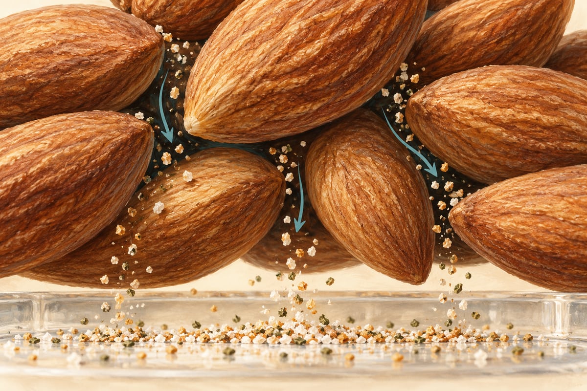 Conceptual cutaway showing tiny loose grains finding gaps between whole almonds