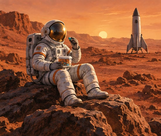An astronaut in a white spacesuit sits on a rock on Mars, holding a clear tub of orange and teal candies, with a rocket and a setting sun in the background