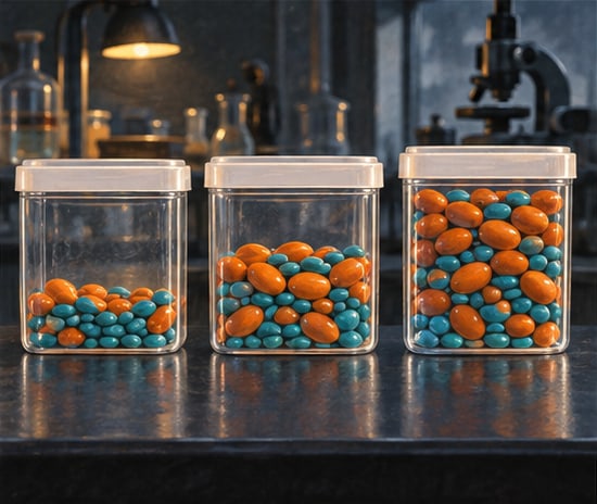 Three clear tubs on a lab bench with low, medium and nearly full amounts of orange and teal candies