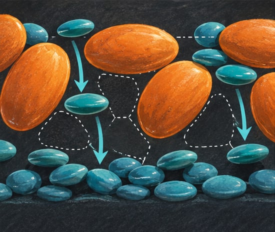 Illustration of small teal candies slipping down through the gaps between large orange candies, with arrows and dotted outlines showing the empty spaces