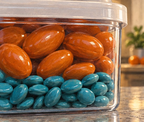 Close-up of a clear tub with large orange candies on top of a layer of small teal candies
