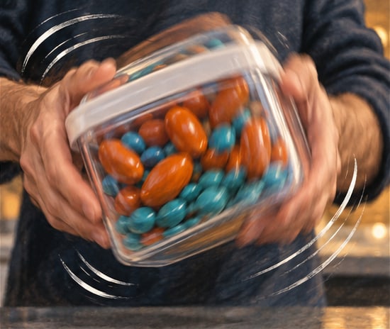 A person shaking a clear tub of orange and teal candies, shown with motion blur