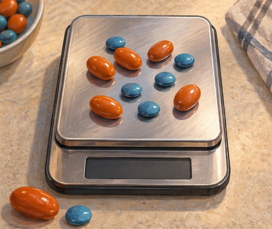 A stainless steel kitchen scale with large orange and small teal candies on it